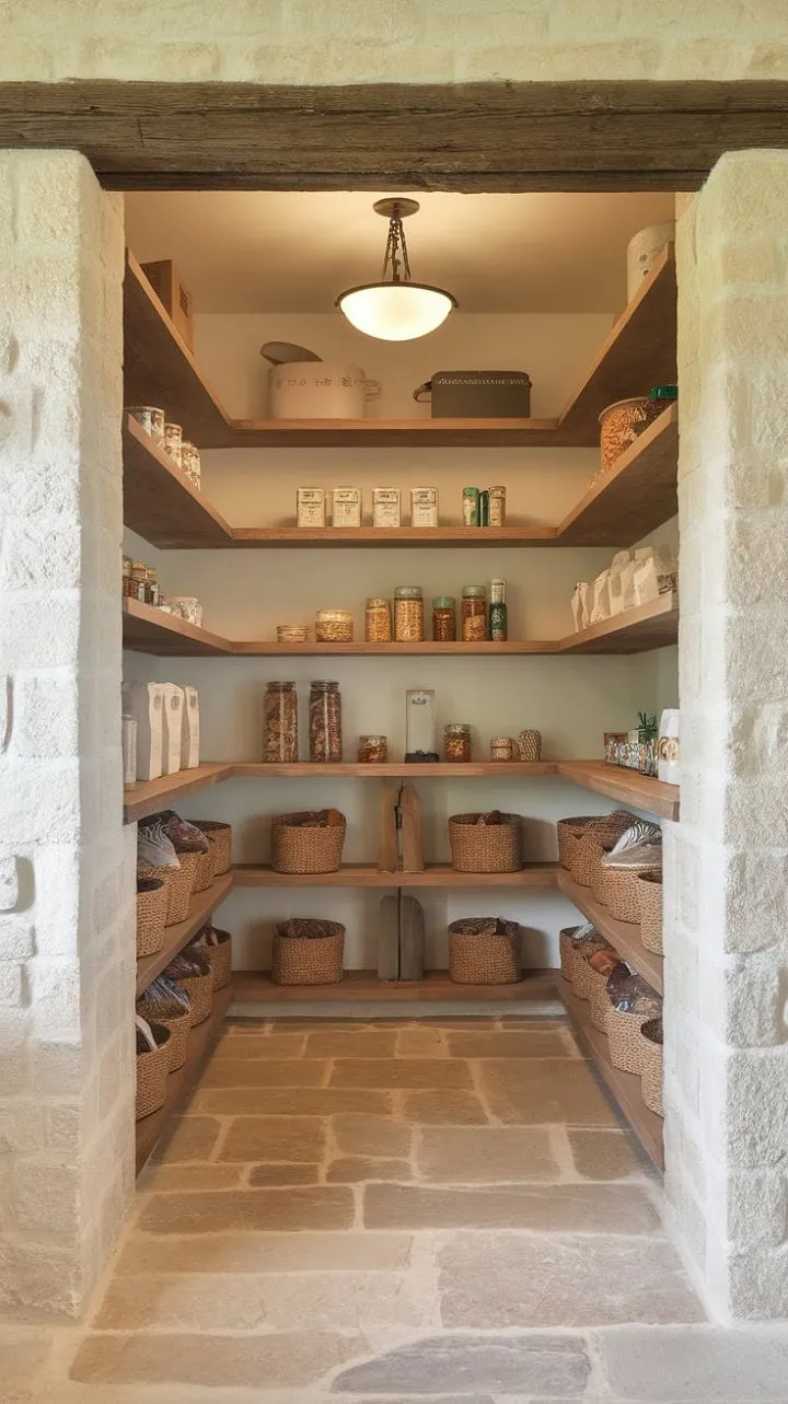In this modern country pantry, rustic charm and organized chaos unite, showcasing a beautifully curated space where stone walls and wooden shelves exude warmth and style.