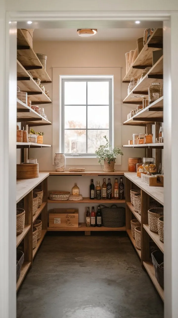 A sunlit pantry with warm wood shelves transforms ingredients into cherished inspirations for any home chef's culinary dreams.