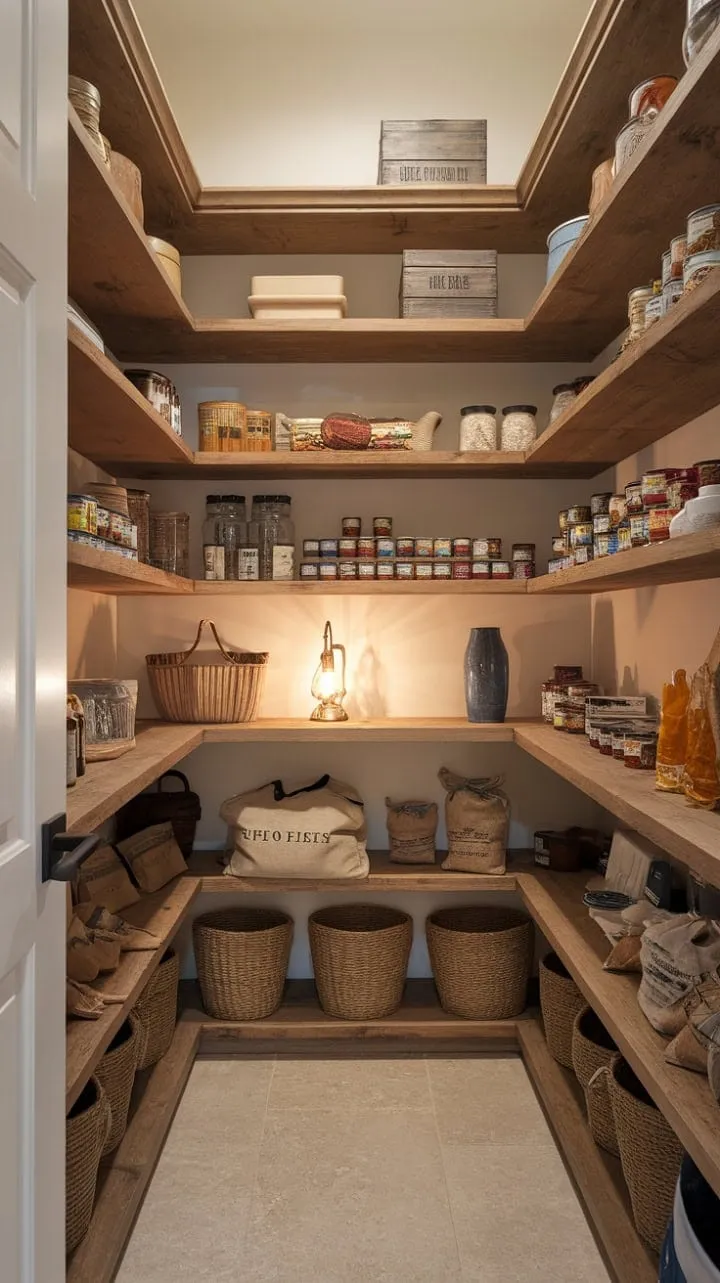 In a charming pantry where wooden shelves brim with culinary delights, a vintage lamp casts a warm glow, transforming storage into a stylish celebration of home-cooked possibilities.