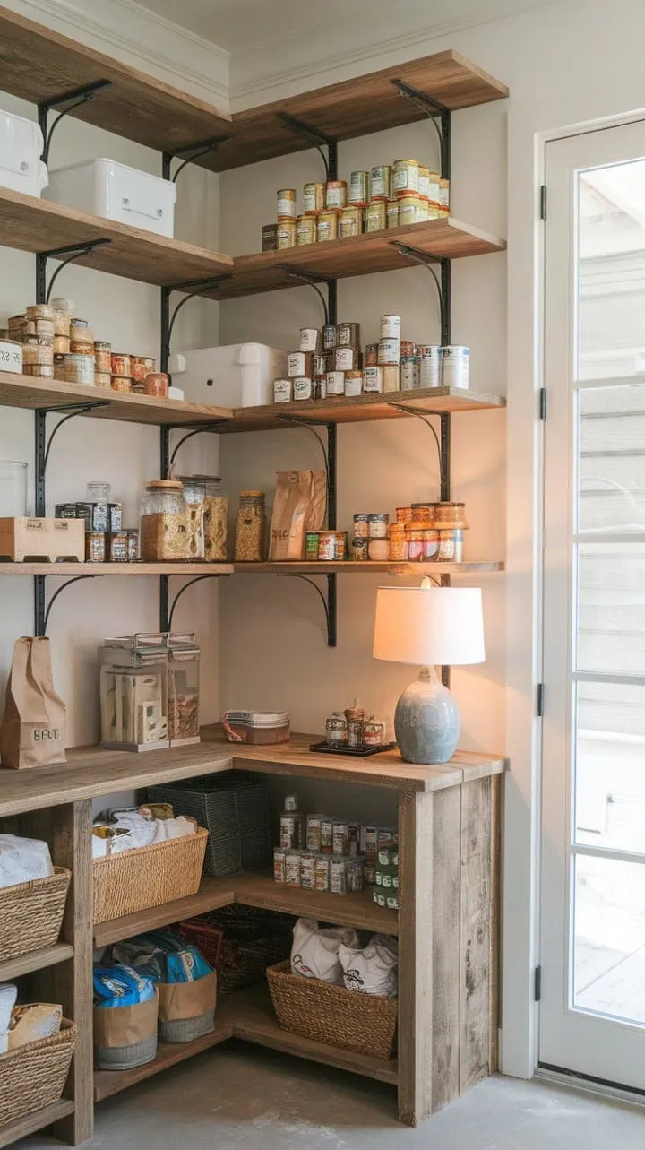 This modern rustic pantry beautifully marries form and function, showcasing a harmonious blend of white walls and warm wood alongside a meticulously organized collection of culinary delights.