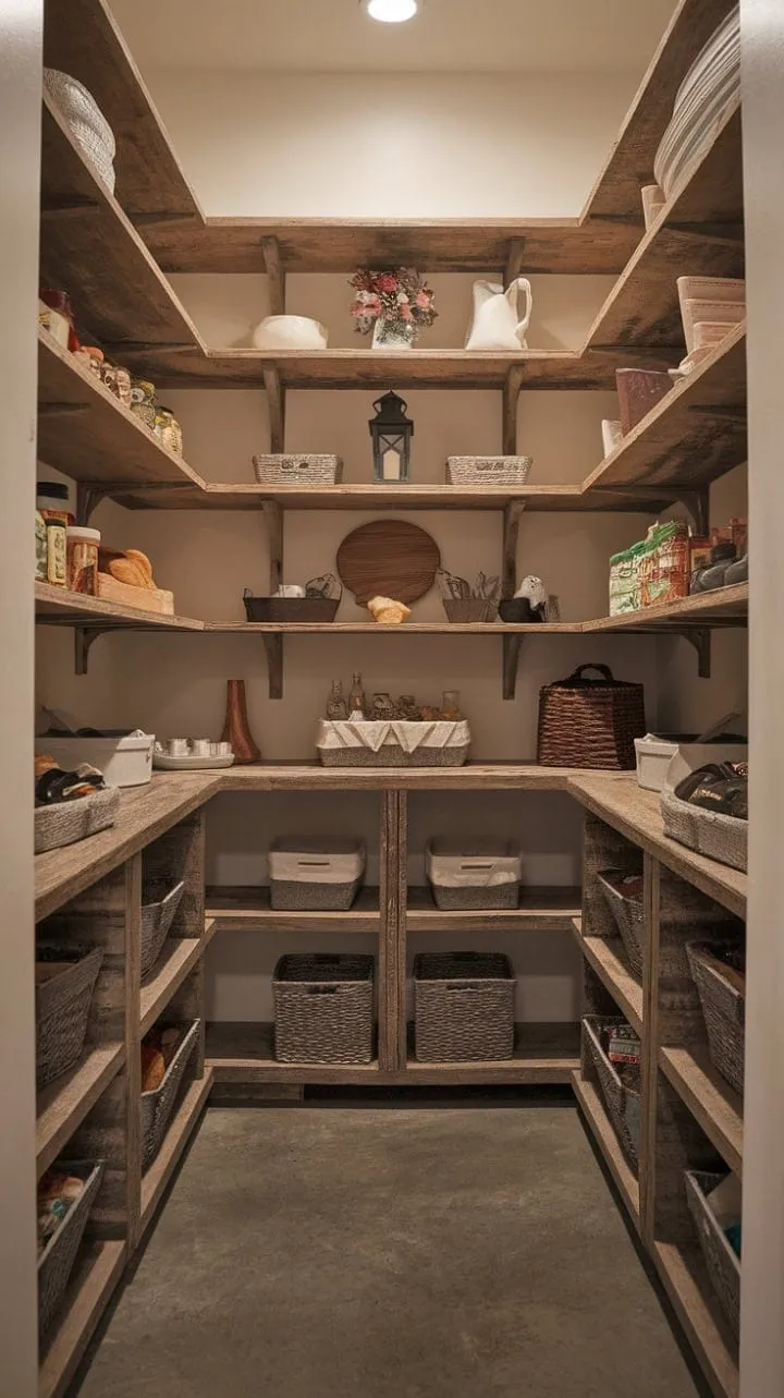This modern rustic pantry transforms everyday organization into an enchanting experience with its curated staples and cozy décor, all set against a backdrop of distressed wood and concrete.