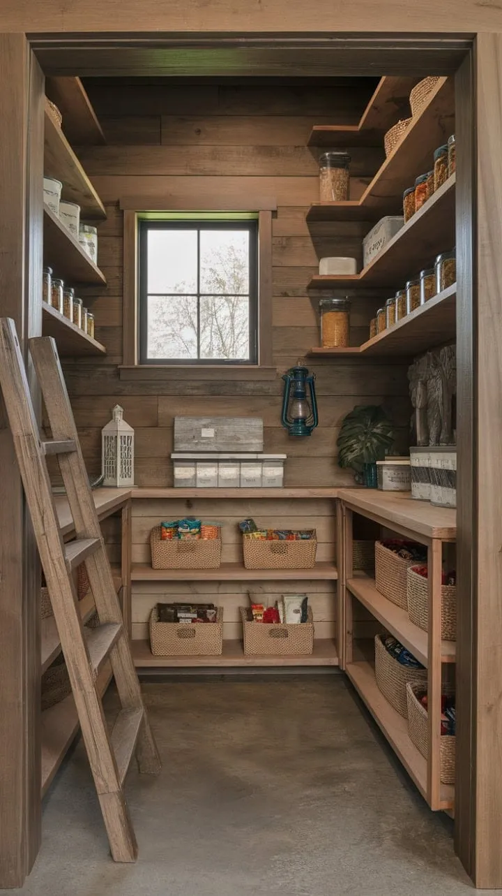 This rustic pantry harmoniously blends warm wood tones and charming details, creating an inviting space that celebrates the beauty of simple living.
