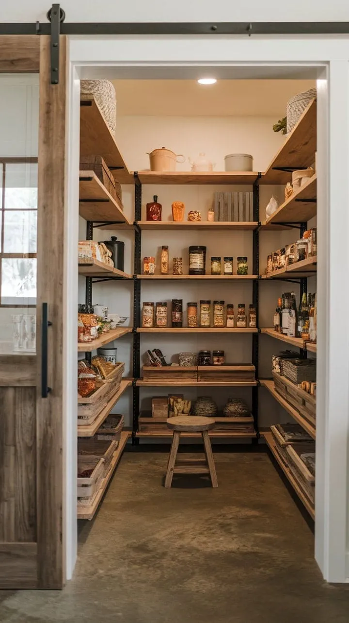 This modern rustic pantry harmoniously blends curated flavors and aesthetic charm, making it a dream kitchen essential where practicality meets artistry.