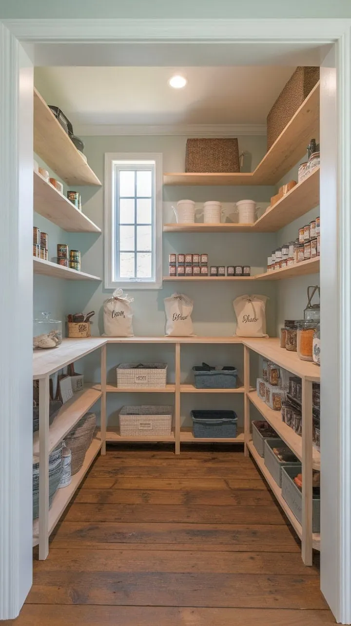 This dreamy modern rustic farmhouse pantry combines light blue walls and whitewashed shelves with natural wood floors, creating a functional yet charming space that beautifully marries old-world charm with contemporary convenience.
