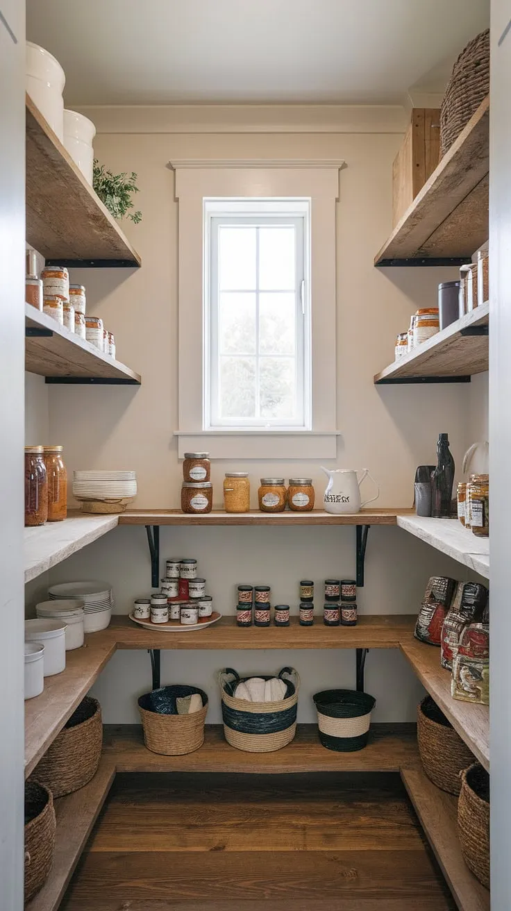 This charming farmhouse pantry, with its whitewashed walls and rustic shelving, is a haven for home-cooked meals. A carefully curated collection of canned goods and homemade preserves sits ready, a delightful reminder of the simple pleasures of country living. A space where practicality meets rustic charm.