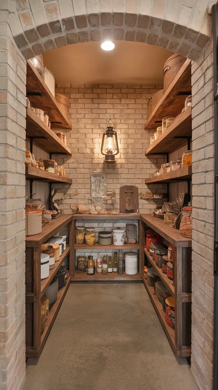 Step into my organized haven, a modern country pantry where rustic charm meets practical storage. The exposed brick and distressed wood shelves create a warm and inviting atmosphere, perfectly complementing the carefully curated collection of pantry staples. A vintage lantern adds a touch of nostalgic elegance.