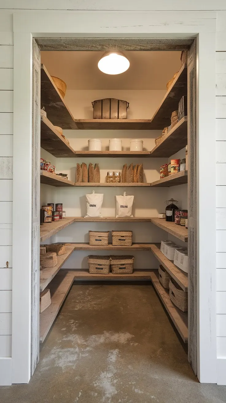 Step into this charming walk-in pantry, a haven of rustic elegance where A curated collection of pantry staples finds its home amongst distressed wood shelves and a touch of farmhouse charm. The concrete floor adds a modern industrial feel, perfectly complementing the warmth of the wood.