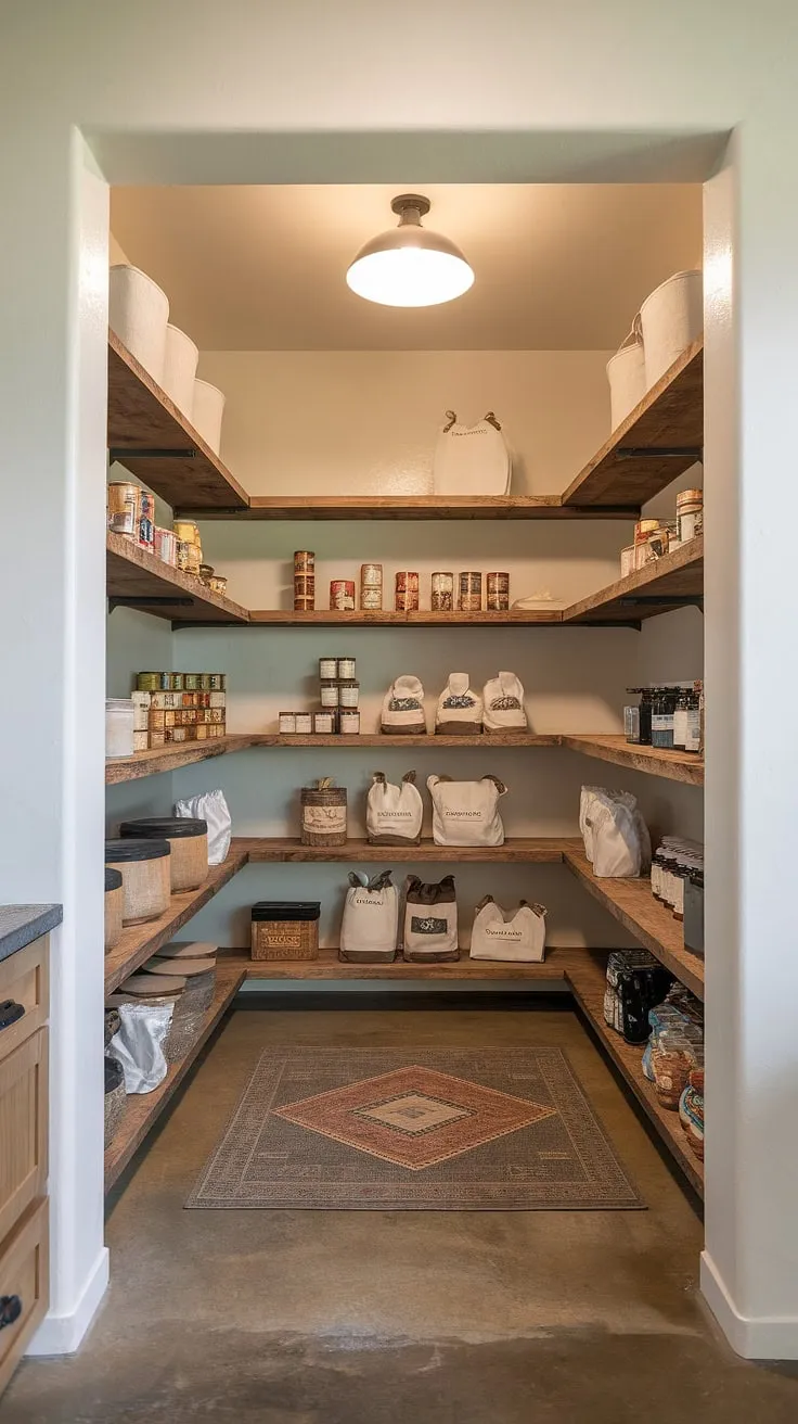 Step inside my perfectly imperfect pantry. Rustic wooden shelves hold a curated collection of pantry staples, showcasing both practicality and style. The combination of modern and rustic elements, from the concrete floor to the charming light fixture, creates a space that's both beautiful and functional-a true heart of the home.