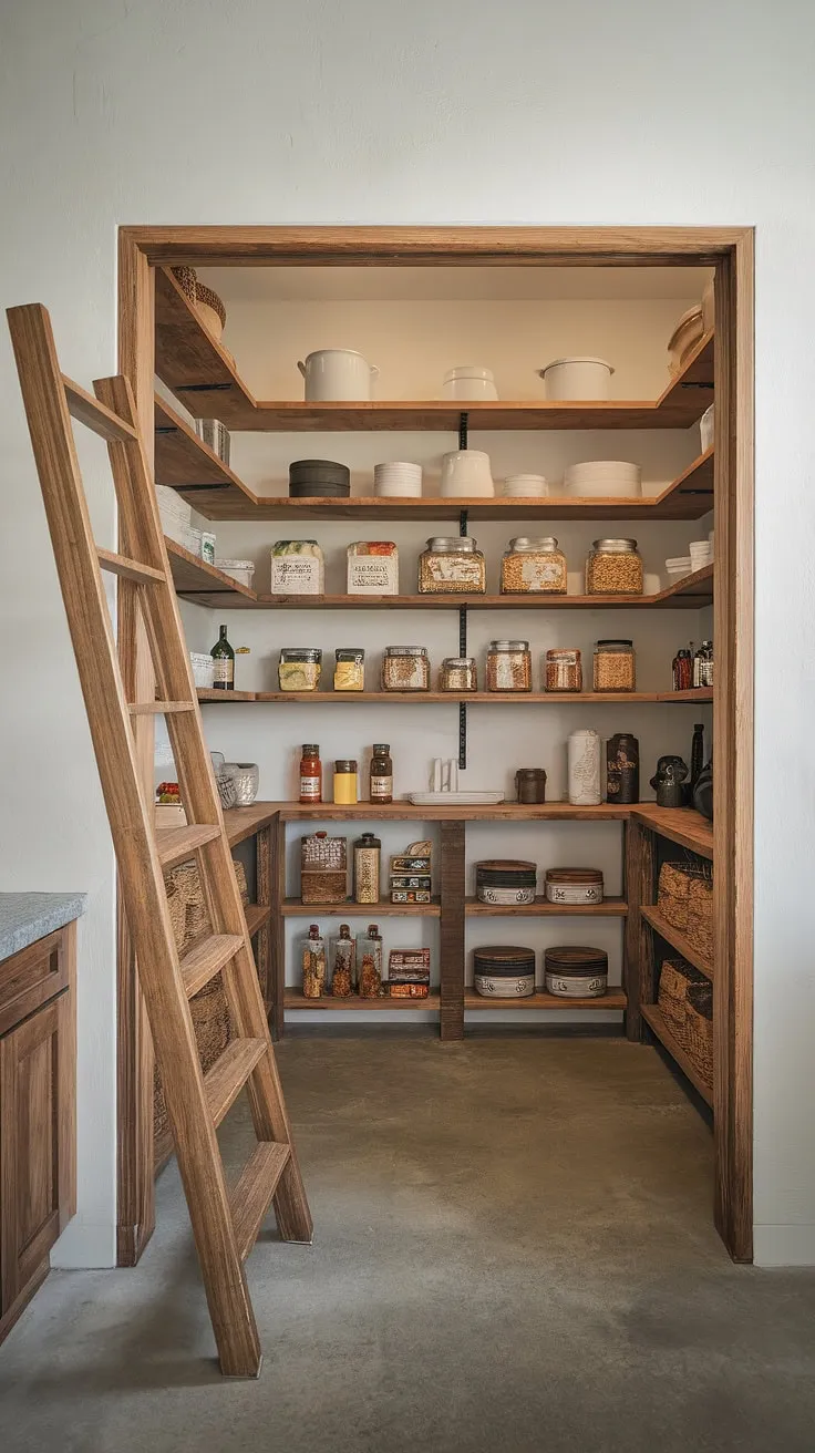Organized chaos in our modern farmhouse pantry. The rustic shelves, filled with all our favorite things, make even grocery storage feel charming. A simple wooden ladder helps us reach those top shelves, adding to the cozy, functional aesthetic. A perfect blend of rustic charm and modern convenience.