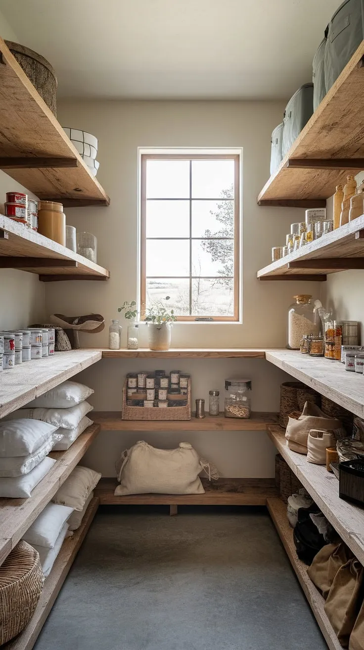 This modern rustic farmhouse pantry is a dream come true. Natural light streams in, illuminating the rustic wooden shelves brimming with jars, cans, and bags – a testament to thoughtful organization and a love of home-cooked meals. The concrete floor adds an industrial touch, perfectly complementing the overall aesthetic.