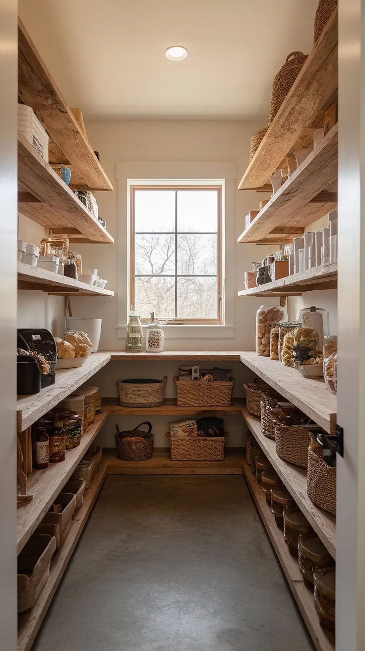 Step into my organized haven: a walk-in pantry where rustic charm meets modern functionality. The natural light streaming through the window illuminates rows of neatly stored goods, creating a warm and inviting space. A dream come true.