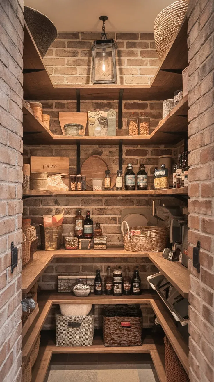 Step into my perfectly organized, rustic farmhouse pantry-a haven of warmth and deliciousness. The exposed brick walls and handcrafted shelves create a charming atmosphere, while the carefully curated collection of pantry staples and decorative accents adds a touch of homey elegance. A true testament to blending practicality with style.