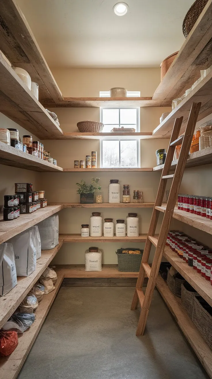 This modern rustic pantry is a dream come true. From the rustic wooden shelves overflowing with homemade preserves and pantry staples to the charming ladder, every detail speaks to a love of cooking and a commitment to quality ingredients. It's the heart of this home, a place where culinary adventures begin, a true a haven.