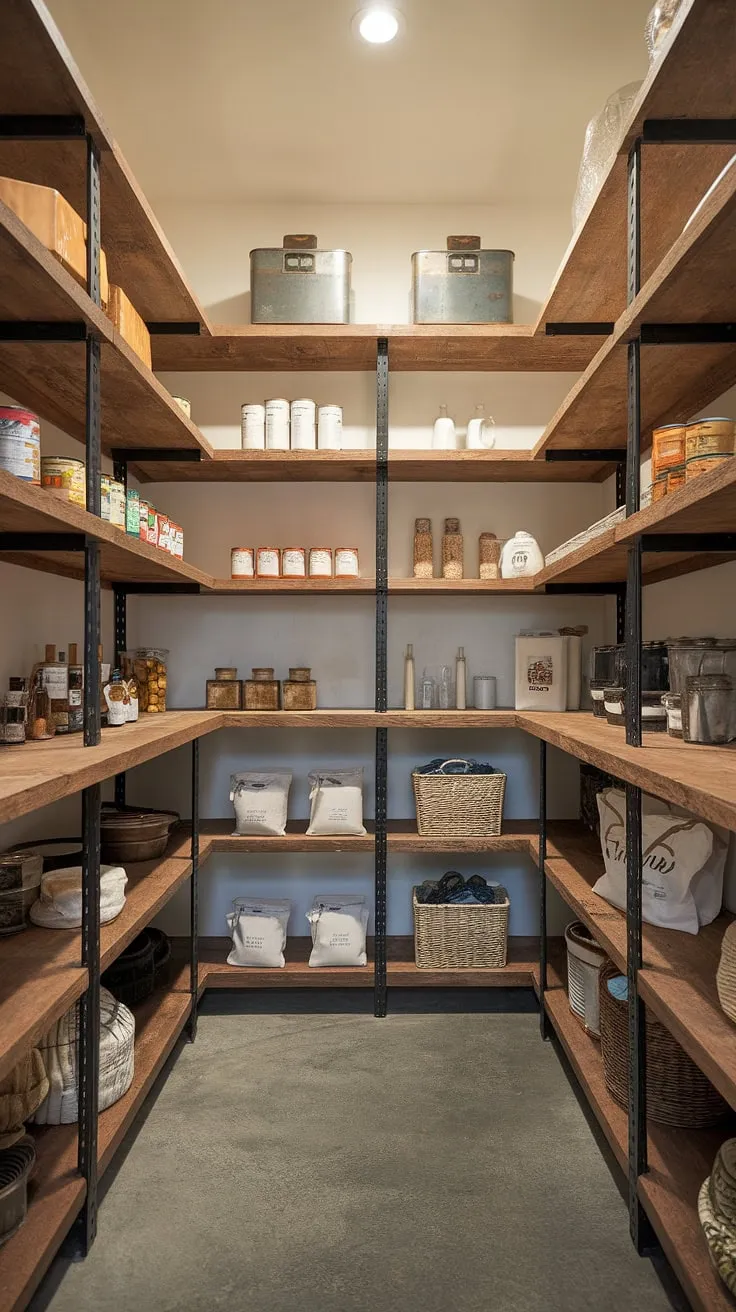 This farmhouse pantry is the heart of home, a beautifully organized space where rustic charm meets modern practicality. The blend of wood and metal shelving creates a unique aesthetic, showcasing a curated collection of pantry staples. A testament to thoughtful design and efficient storage, it's a space that feels both inviting and functional.