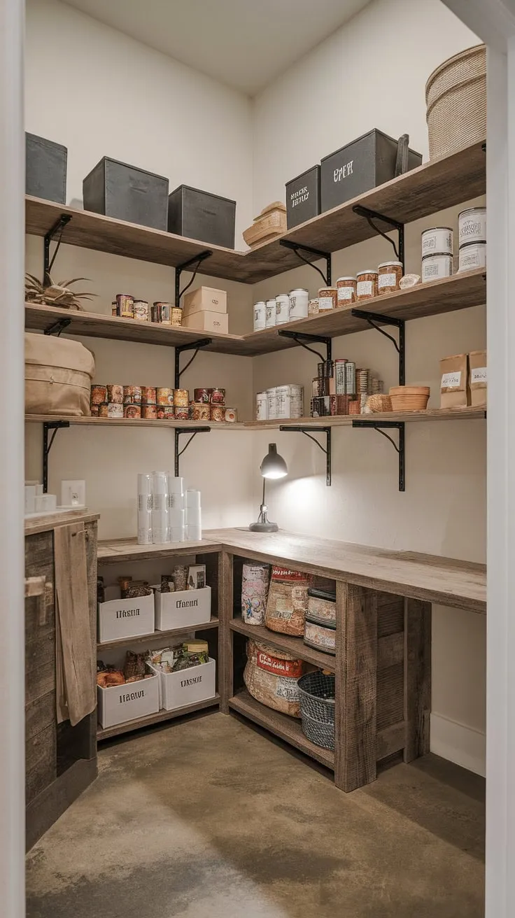 This isn't just a pantry; it's a statement. Rustic wooden shelves brimming with thoughtfully organized goods create a warm and inviting space, a testament to the beauty of functional design. The addition of a small workspace adds a layer of unexpected practicality, transforming this pantry into a true hub of the home.