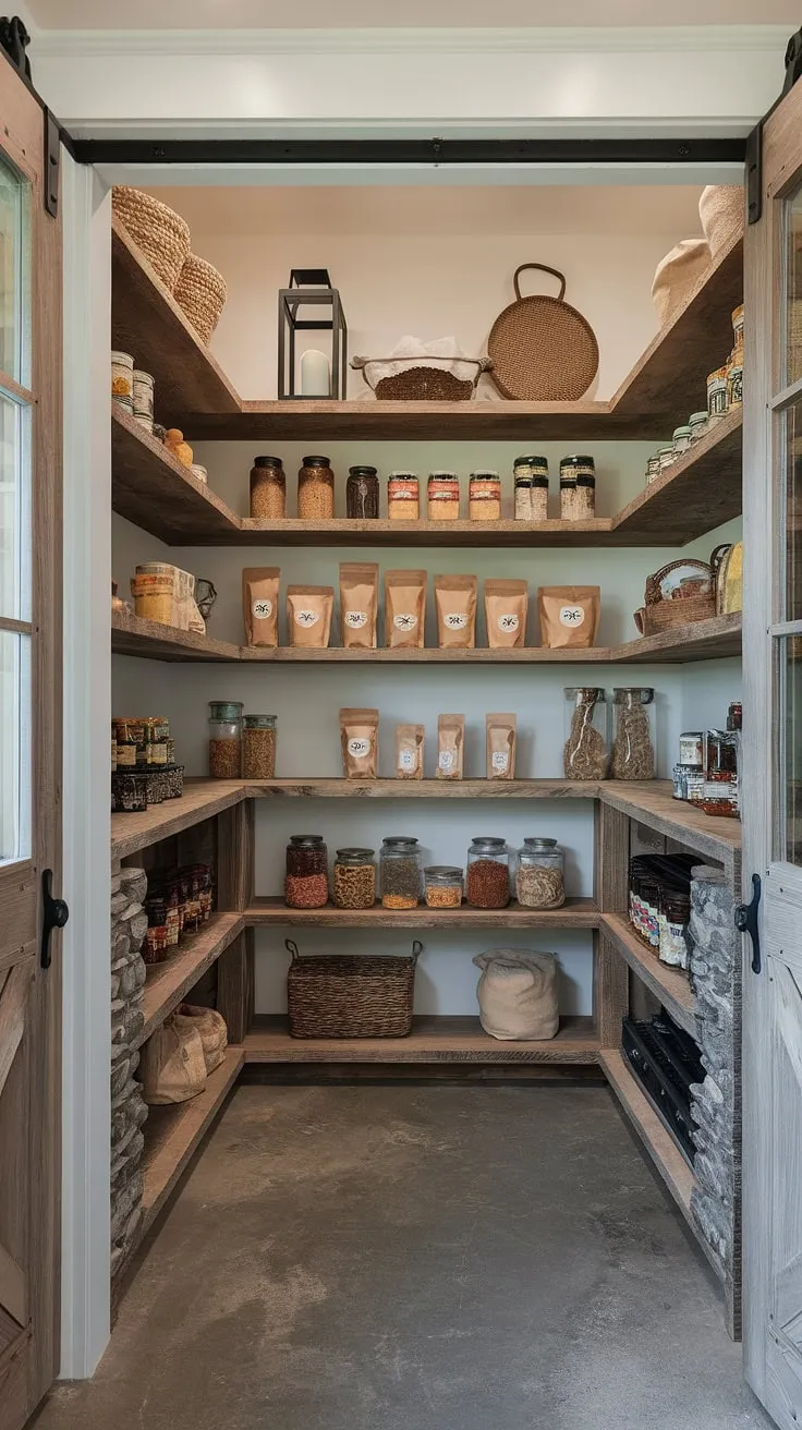 Organized chaos: This farmhouse pantry, with its rustic shelves and ample storage, is the heart of home-cooked meals. The distressed wood and concrete floor add a touch of modern rustic charm, making even pantry organization feel inviting. A true testament to functional beauty.