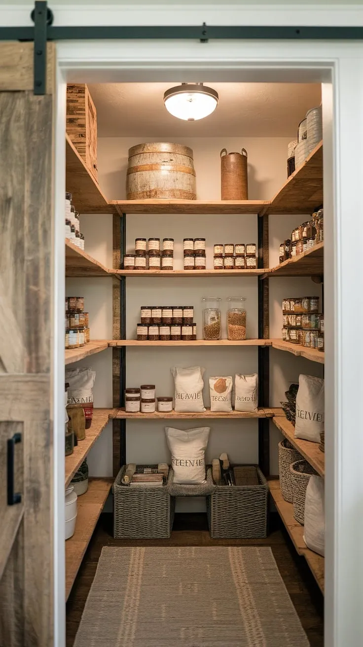 The heart of this farmhouse kitchen? Undoubtedly, this stunning walk-in pantry. A symphony of rustic charm and practical design, it showcases A curated collection of pantry staples, beautifully arranged on warm wood shelves. A space that inspires both cooking and calm.