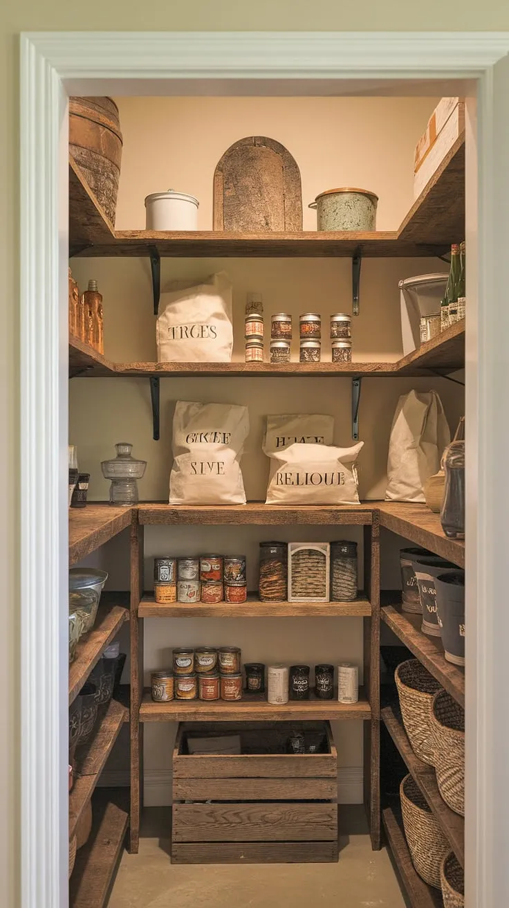 This walk-in pantry is my happy place. A blend of rustic charm and modern functionality, it's where practicality meets aesthetic appeal. The vintage crate adds a touch of character to the already inviting space, showcasing my love for both organization and style.