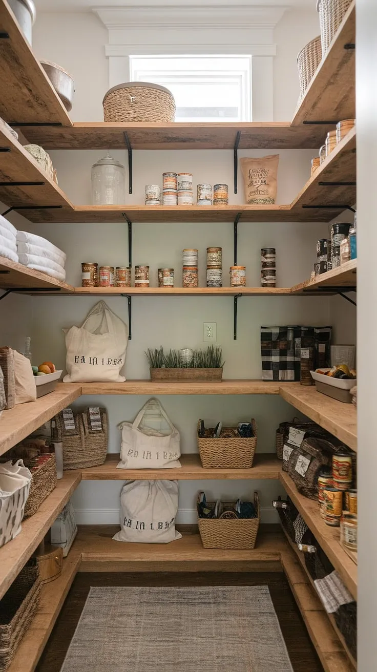 Step into my organized haven: this modern rustic farmhouse pantry is a dream come true. The warm wood tones and ample storage space make meal prep a breeze. A perfect blend of style and functionality, it's where practicality meets charm.