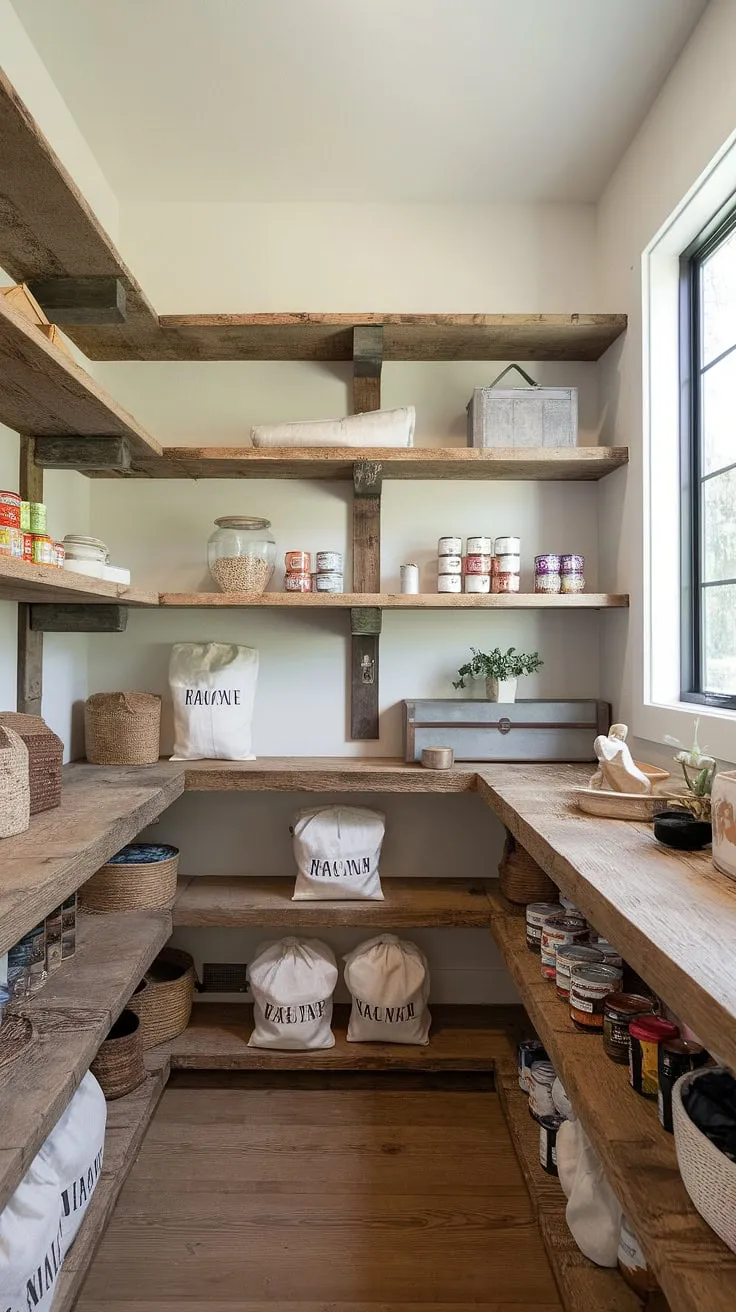 Sunlight streams into this dreamy walk-in pantry, illuminating rows of neatly organized jars and cans. A perfect blend of rustic charm and modern convenience, this space is a true reflection of A well-planned and aesthetically pleasing kitchen. A haven for the home chef.