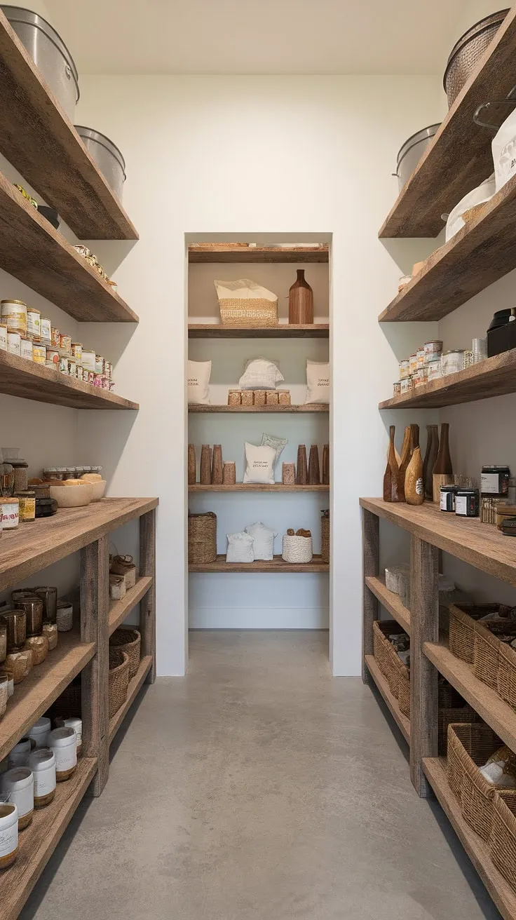 Step into this bright and airy walk-in pantry, a haven of rustic charm. The reclaimed wood shelves, a testament to a sustainable design, hold an organized collection of pantry staples, creating a space that's both functional and beautiful.