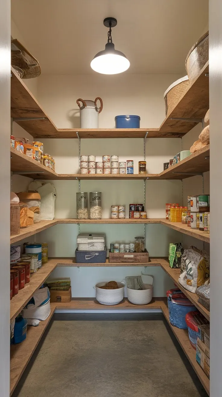 A dream pantry come true! This space seamlessly combines rustic wooden shelving with a clean, white backdrop, creating a functional and aesthetically pleasing area for storing all your culinary essentials. A perfect example of how form and function can coexist beautifully.