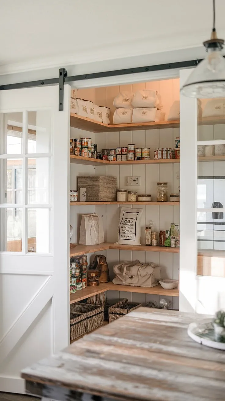 Organized chaos meets charming rusticity in this farmhouse pantry. The whitewashed shelves, filled with A bounty of homegrown goodness and pantry staples, are a testament to both practicality and style. Natural light streams in, illuminating the carefully curated collection.