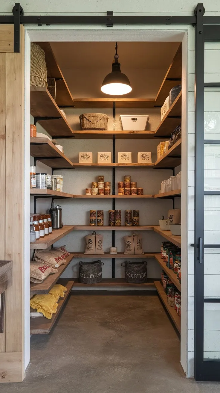 A thoughtfully designed walk-in pantry, showcasing the beauty of rustic wood shelves against a backdrop of sleek concrete. Every jar, can, and bag finds its place in this efficient and stylish storage solution, proving that functionality can be incredibly beautiful.