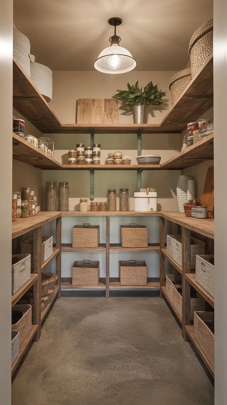 This walk-in pantry is the heart of our home's organization. A testament to the beauty of blending rustic elements with a modern design, it's a space where functionality and aesthetics coexist seamlessly. From the reclaimed wood shelves to the carefully curated collection of jars and baskets, every detail speaks to a love of both style and efficient storage. A true sanctuary for the home chef.