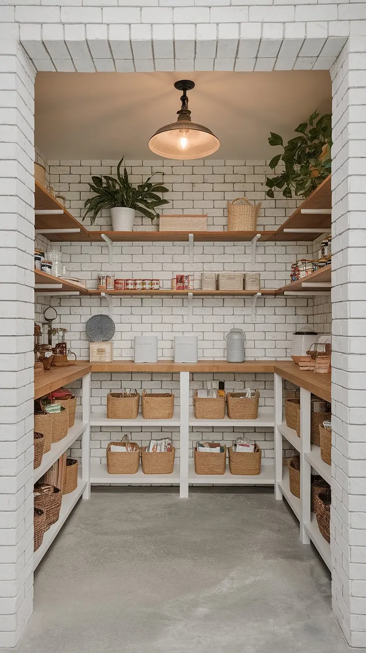 This modern rustic farmhouse pantry is a dream come true. The whitewashed brick walls and wooden shelves, filled with carefully organized jars, baskets, and canned goods, create a space that's both functional and aesthetically pleasing. A vintage-style light fixture adds a touch of charm, while potted plants bring a breath of fresh air to this bright and airy haven. It's the perfect blend of rustic charm and modern convenience.
