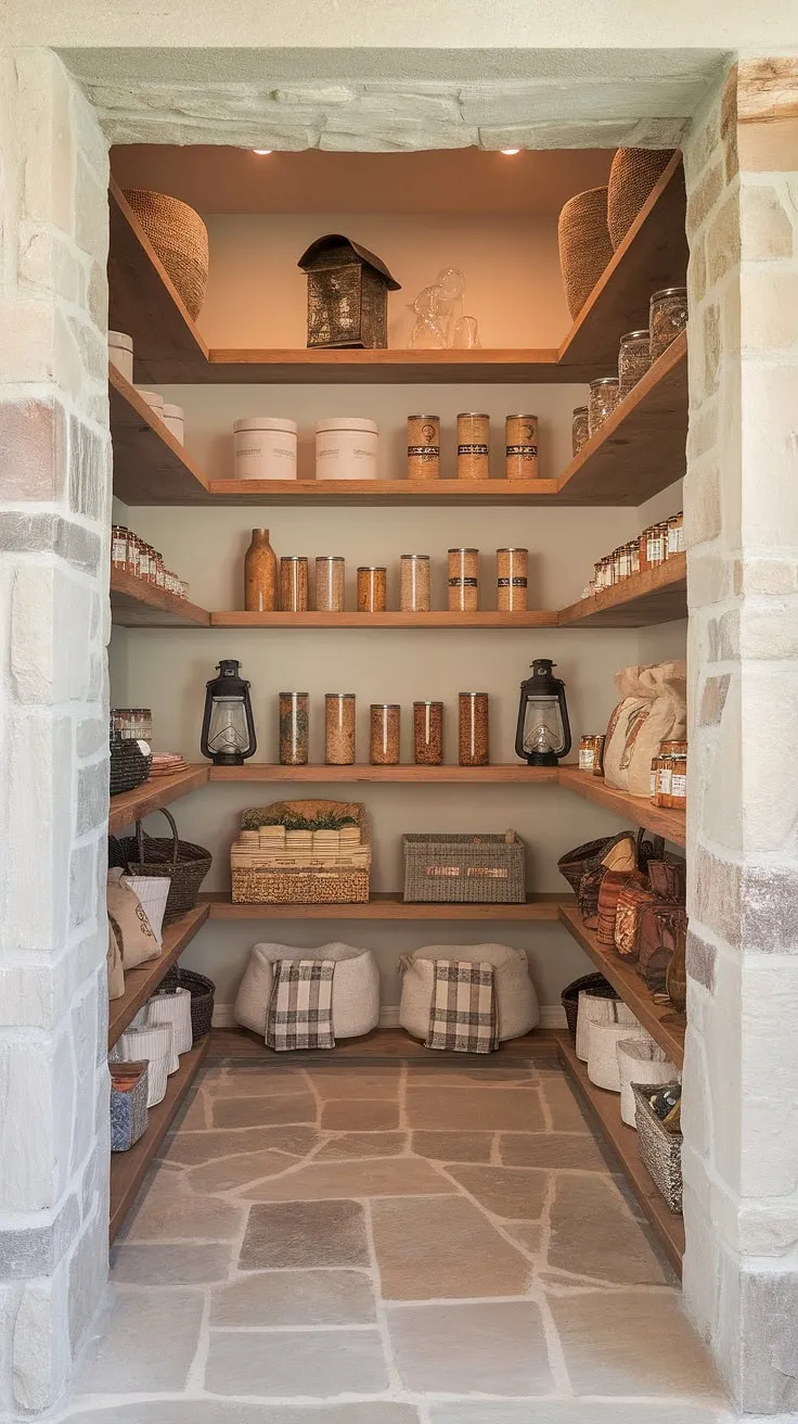 Step into my organized haven: a walk-in pantry where rustic charm meets modern functionality. The stone walls and wooden shelves create a warm, inviting space, perfectly showcasing my pantry staples and a few cherished decorative pieces. A dream come true!