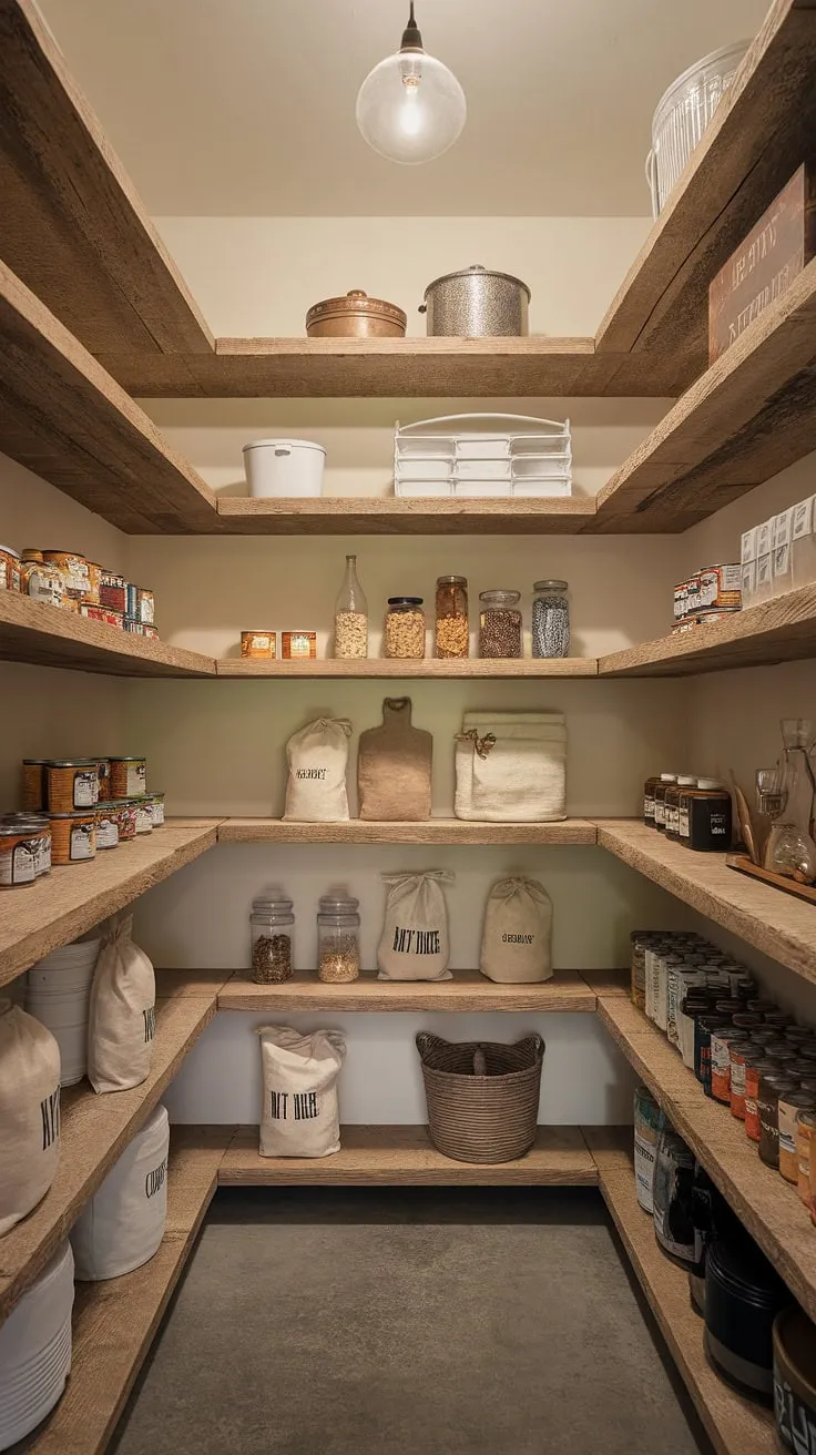 A perfectly imperfect pantry: rustic wood shelves overflowing with pantry staples, showcasing a blend of modern convenience and charming farmhouse aesthetics. A testament to the beauty of organized storage.