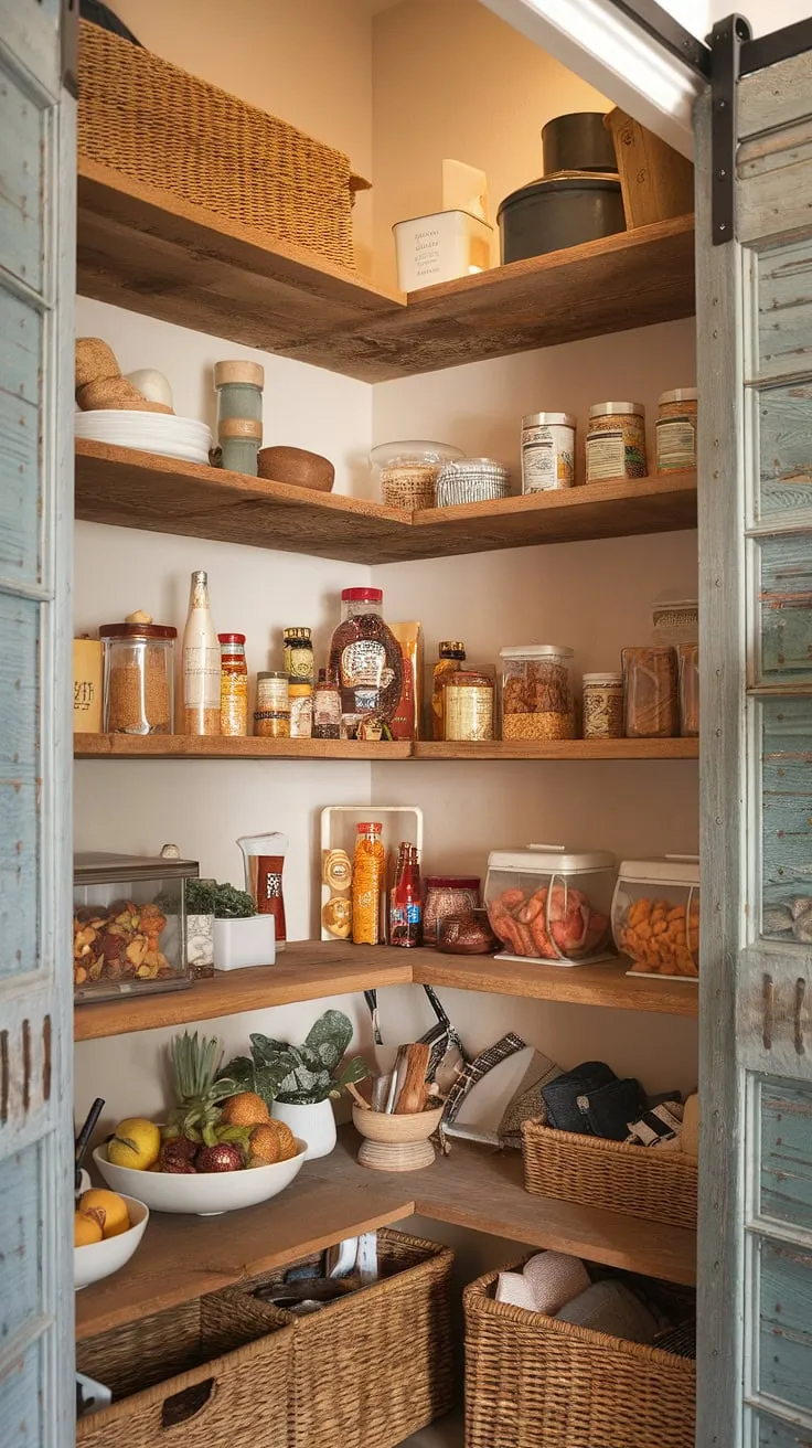 Step into my perfectly organized, modern rustic farmhouse pantry-a dream come true! The vintage door adds a touch of character to this spacious walk-in haven, where rustic wooden shelves overflow with all my culinary treasures. A true testament to blending old-world charm with contemporary functionality.