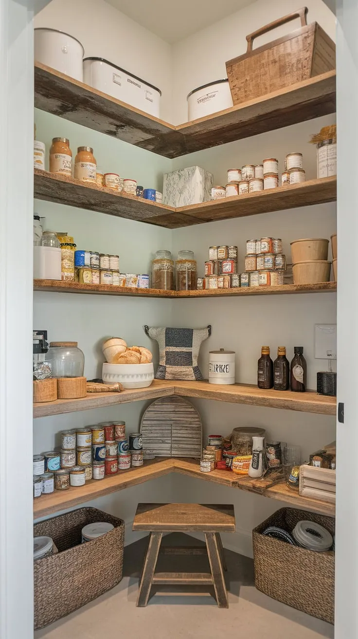 Organized chaos: This modern rustic farmhouse pantry, with its charming rustic shelves, is a testament to the beauty of functional storage. A well-stocked pantry is a happy pantry, and this one is overflowing with delicious possibilities. A small wooden stool sits ready for reaching those top shelves.