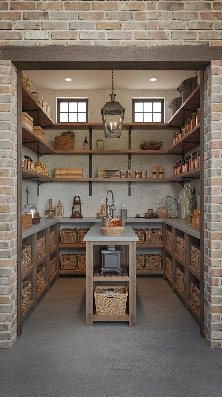 This walk-in pantry is the heart of our rustic farmhouse, a haven of organized abundance where modern convenience meets charming imperfection. The exposed brick, reclaimed wood shelves, and functional island with sink and stove create a space as beautiful as it is practical. A testament to the beauty of blending old and new.