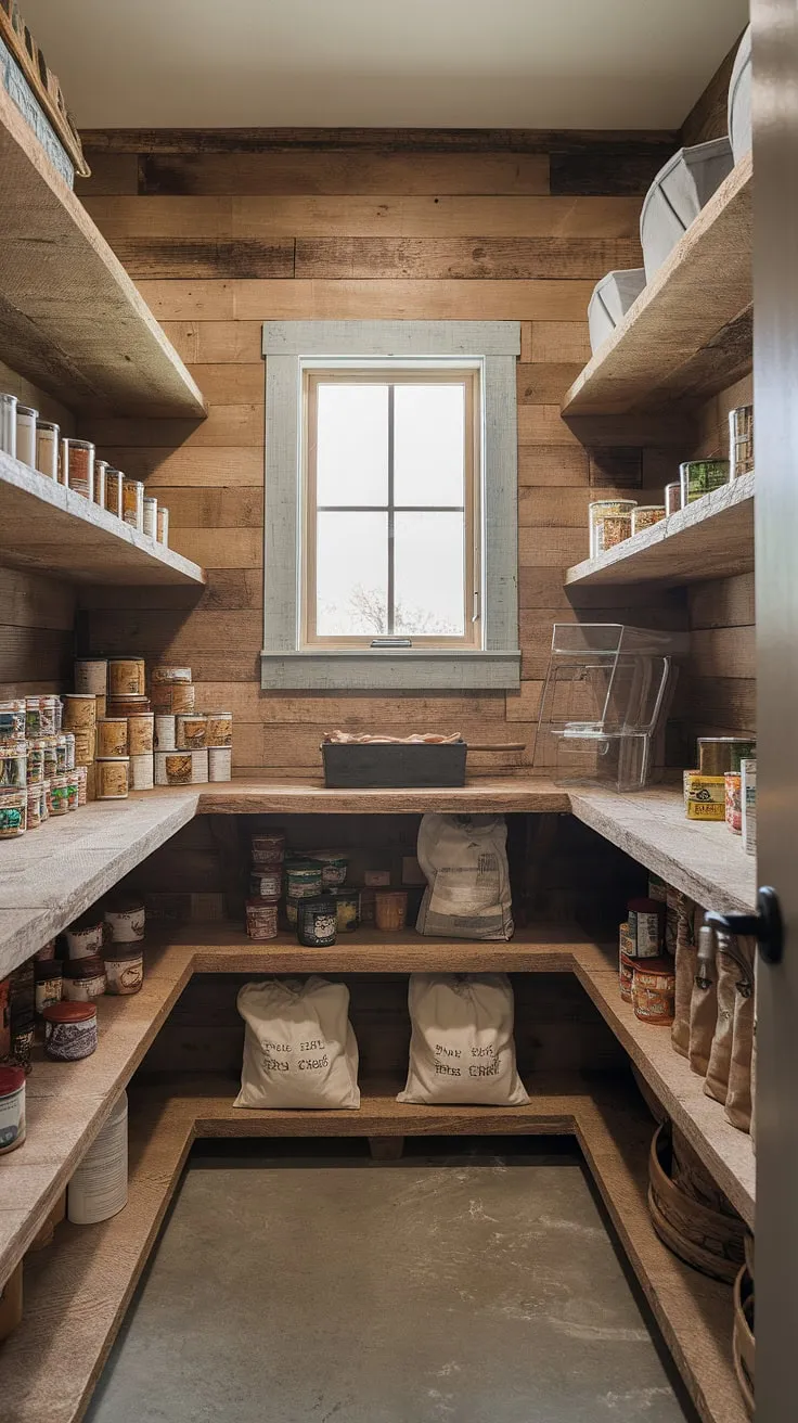 This spacious walk-in pantry is a dream come true. A blend of rustic wood and modern organization, it showcases a curated collection of canned goods, jars, and dried ingredients, all neatly arranged and easily accessible. A perfect example of how to create a beautiful and functional storage space.