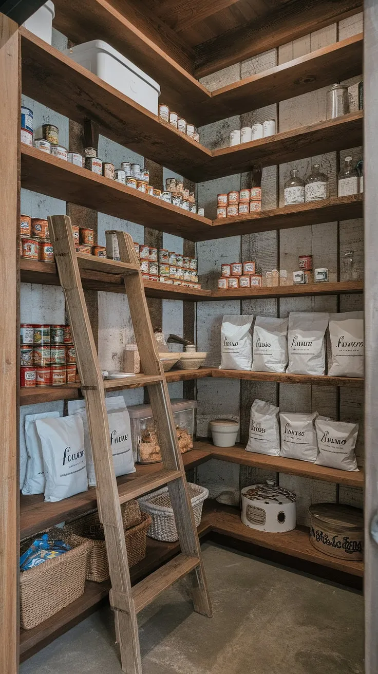 A symphony of textures and aromas fills this rustic farmhouse pantry. The warm tones of the wooden shelves, laden with sacks of flour, sugar, and rows of canned goods, create a welcoming atmosphere. A simple wooden ladder leans against the shelves, a practical and aesthetically pleasing addition to this space where the heart of the home resides. The cool concrete floor provides a grounding contrast to the warmth of the wood.