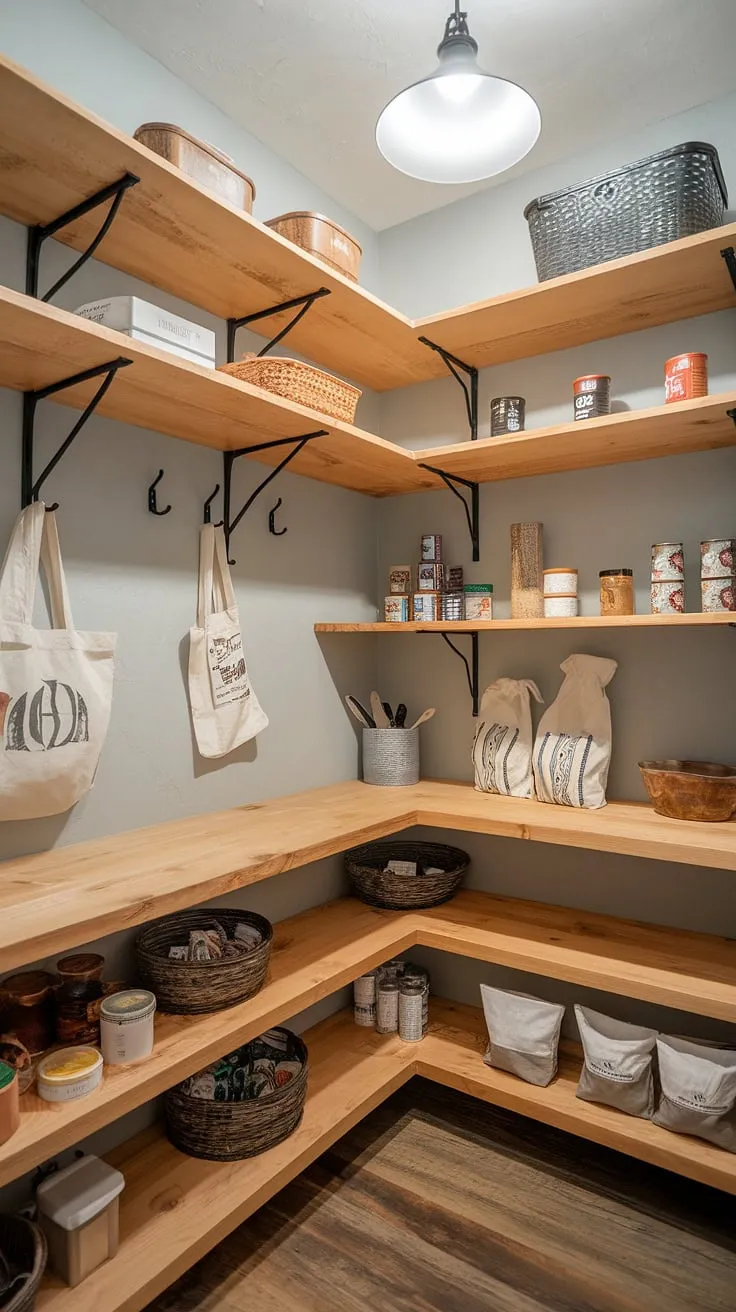 This modern country pantry seamlessly blends rustic charm with practical storage. The natural wood shelves, light gray walls, and thoughtful organization create a space that's both beautiful and functional. A perfect example of how to achieve a stylish and efficient farmhouse aesthetic.