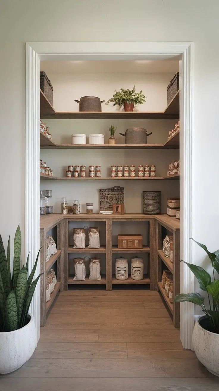 Organized chaos meets rustic charm in this modern country pantry. The distressed wood shelves, filled with pantry staples and a touch of greenery, create a space that's both functional and aesthetically pleasing. A perfect blend of farmhouse style and contemporary design.