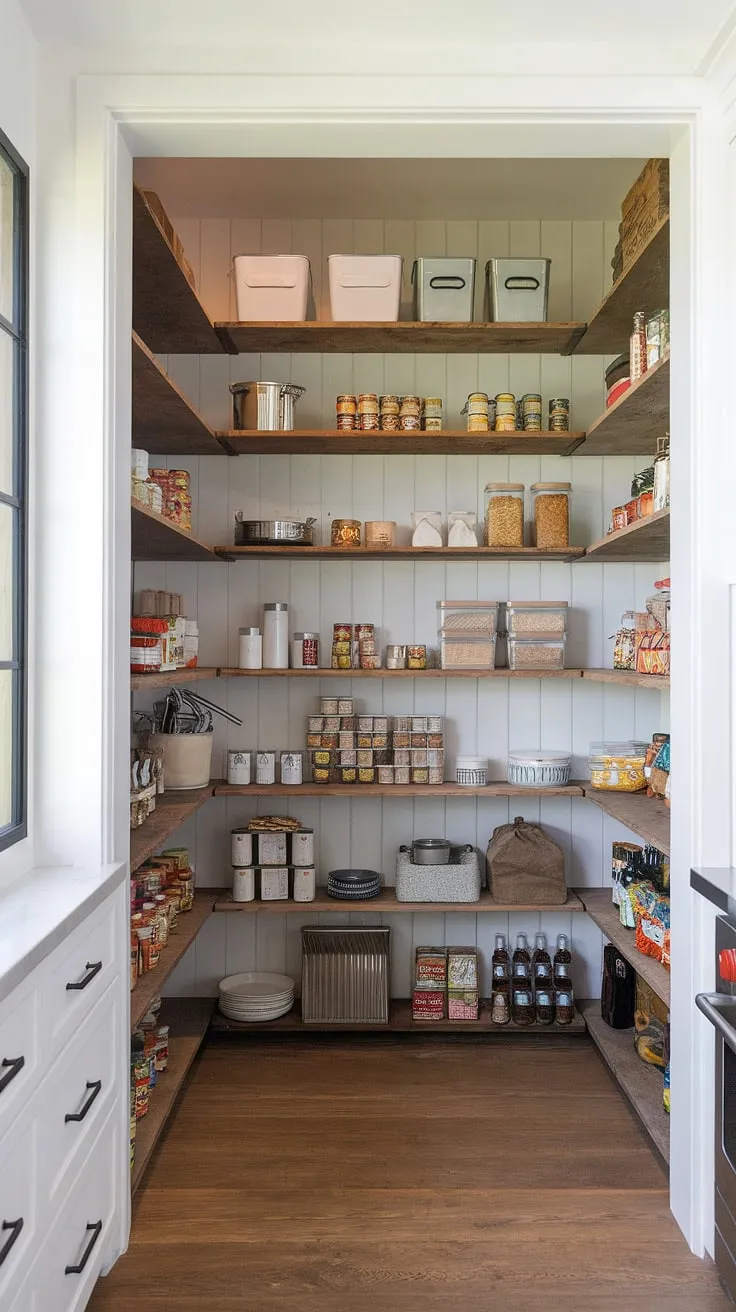 Sunlight streams through the window of this spacious walk-in pantry, illuminating rows of neatly organized jars, cans, and cooking utensils. A dream come true for any home chef, this rustic-modern space effortlessly blends functionality with charm. A testament to thoughtful design and a love of good food.
