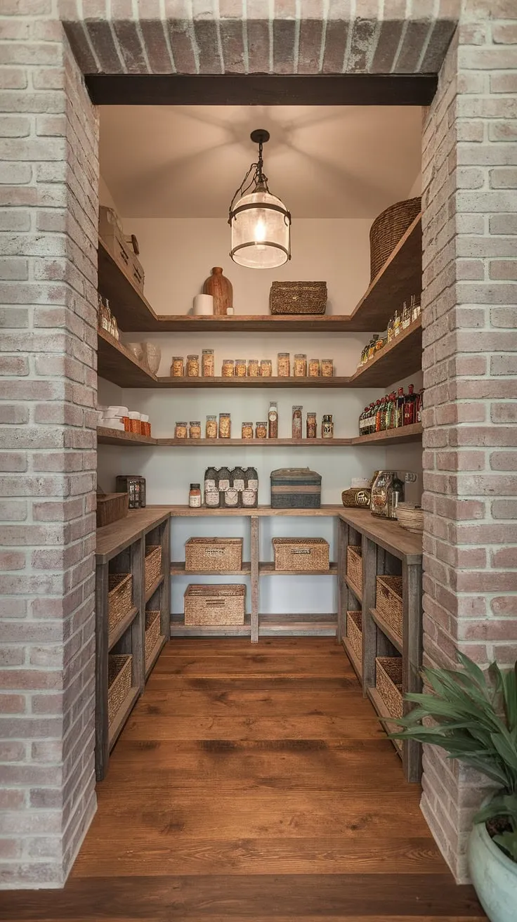 Step into this charming walk-in pantry, where rustic shelves brimming with culinary treasures meet modern farmhouse style. The exposed brick wall adds a touch of history, while the vintage light fixture casts a warm glow on neatly organized jars and baskets. A perfect blend of practicality and aesthetic appeal.