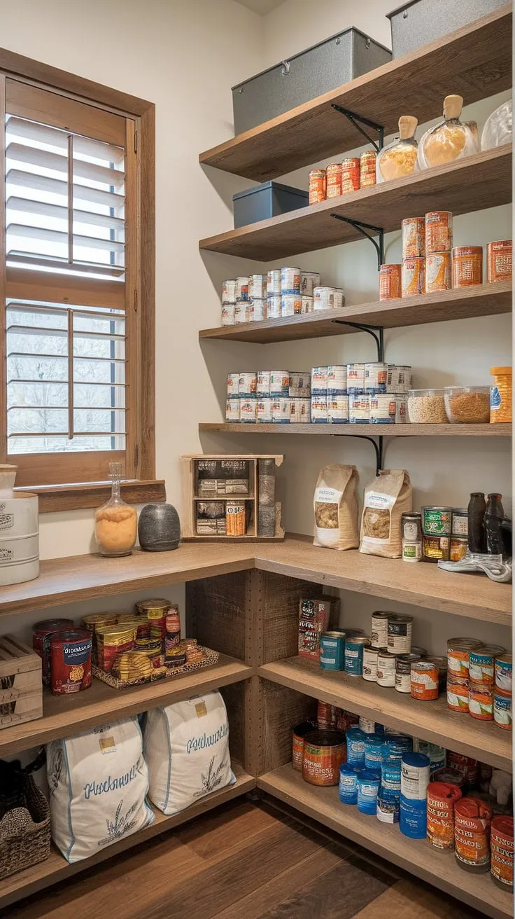 Step into my perfectly organized, modern rustic farmhouse pantry-a dream come true! The warm wood shelves, filled with all the essentials, make meal prep a joy. A window with wooden shutters adds a touch of charming natural light. This walk-in pantry is the heart of our home, a testament to efficient and stylish storage.