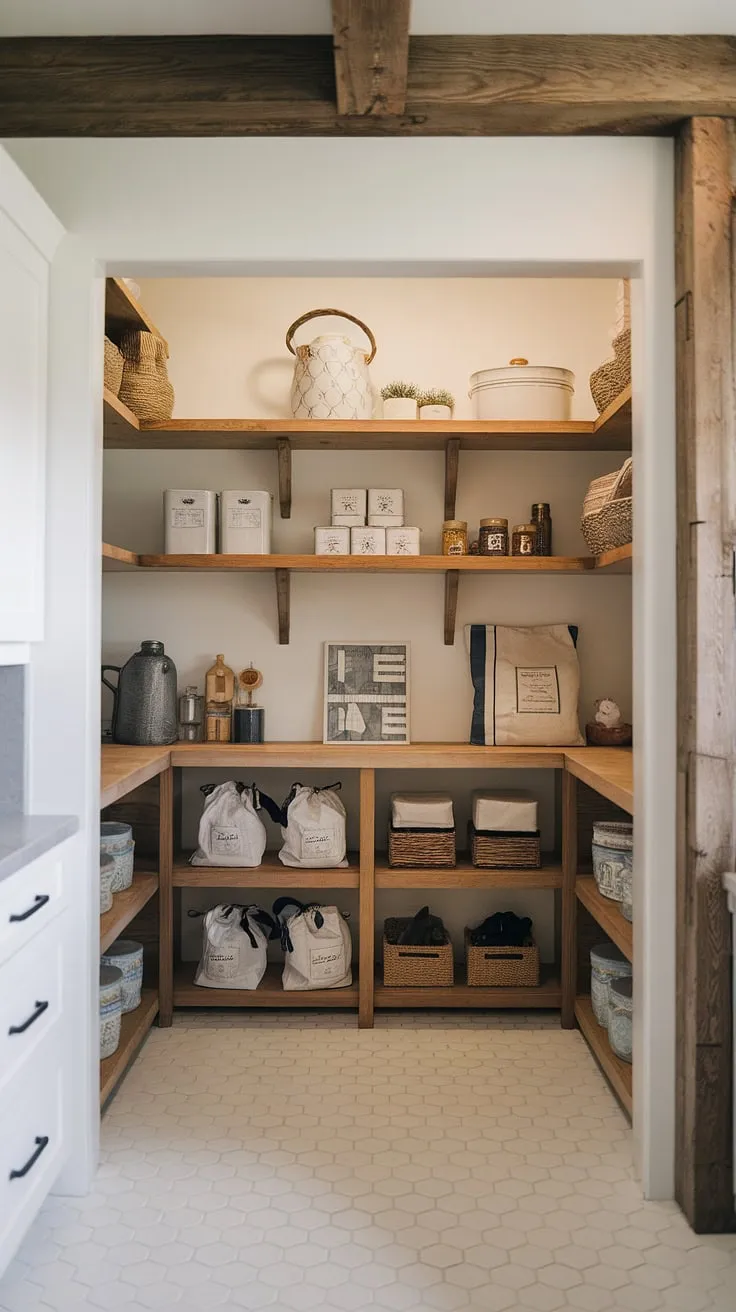 Organized chaos meets rustic charm in this farmhouse pantry. The white subway tile floor and warm wood shelving create a space that's both functional and aesthetically pleasing, showcasing a delightful collection of pantry staples and charming accents. A perfect blend of modern convenience and timeless farmhouse style.