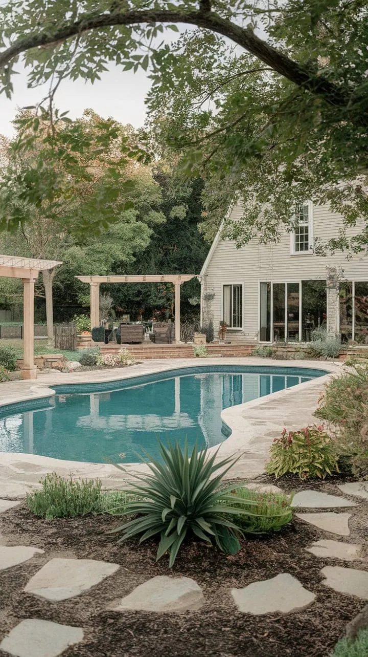 Escape to your private oasis where a charming farmhouse and lush greenery frame a serene poolside retreat, perfect for summer relaxation.