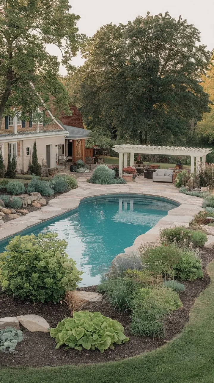 Awakening to a sunlit farmhouse, a sparkling pool, and a cozy pergola amidst lush blooms offers a serene retreat for rejuvenation and self-discovery.