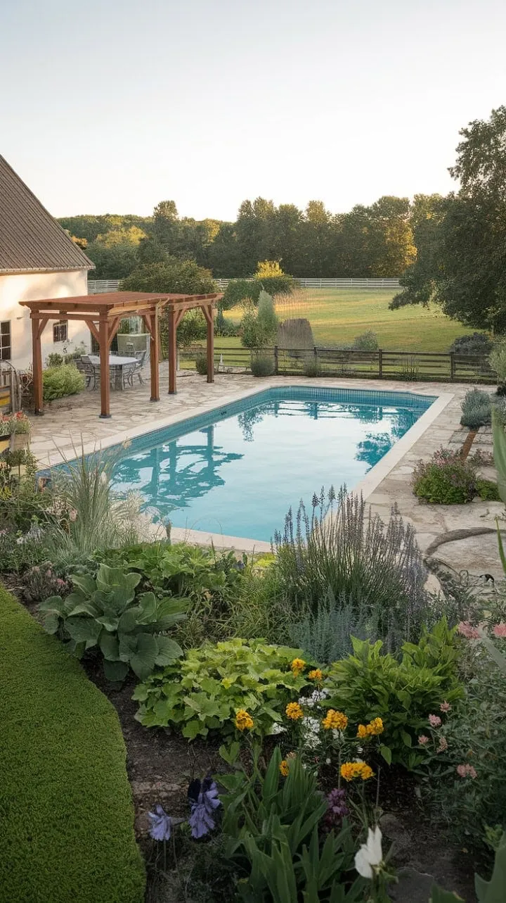 This enchanting farmhouse features a serene poolside oasis with a charming pool house and lush gardens, creating a perfect sanctuary for relaxation.