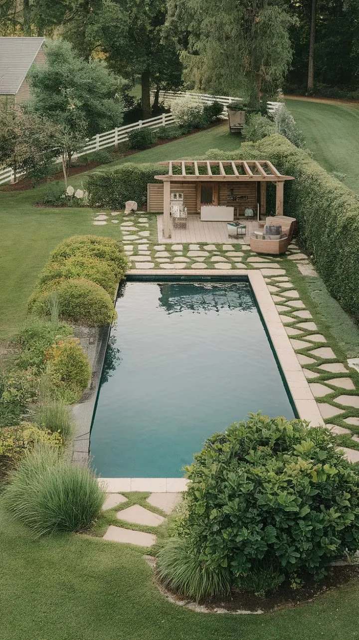 Awakening to a serene farmhouse oasis, complete with a sparkling pool and lush gardens, offers a blissful retreat into nature's embrace.
