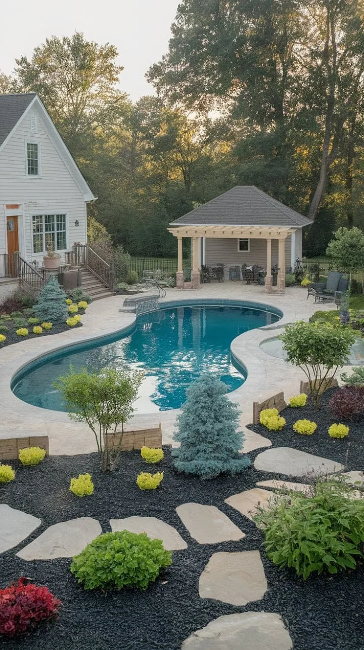 This enchanting farmhouse oasis harmoniously fuses rustic charm with modern luxury, featuring a stunning garden, sparkling pool, and elegant pergola, offering a serene retreat for refined relaxation.