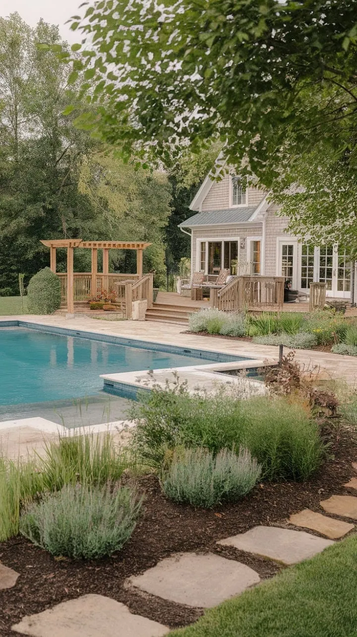 Experience serene farmhouse living where nature's melodies, a refreshing pool, and shaded relaxation unite in perfect harmony.