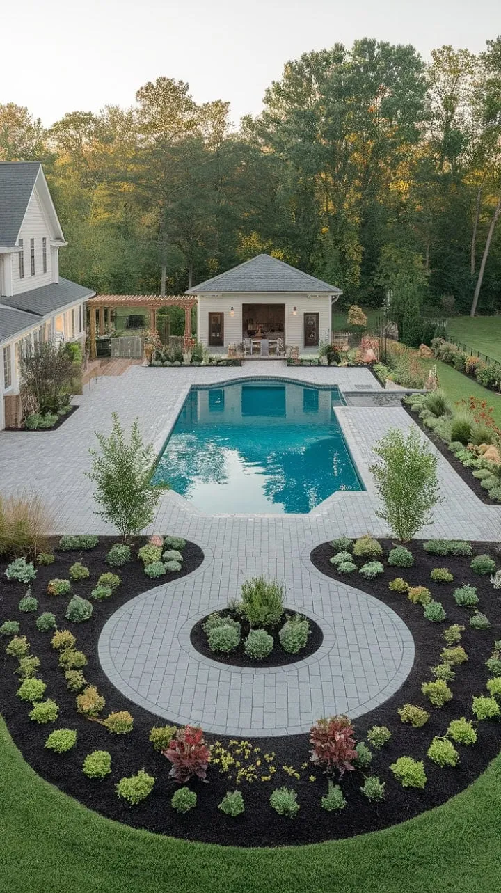 This farmhouse oasis harmoniously fuses rustic charm with modern luxury, offering a tranquil retreat adorned with meticulously landscaped gardens and an elegant pool house.